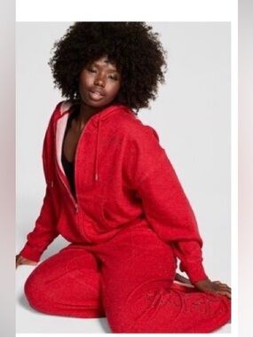 PINK Victoria’s Secret Bright Red Campus Fleece Joggers with Side Embossed Detai